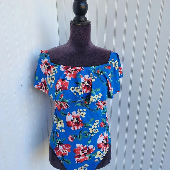 Ralph Lauren One Piece Swimsuit Off Shoulder Floral Blue Pink Print Sz 12 - Picture 1 of 16